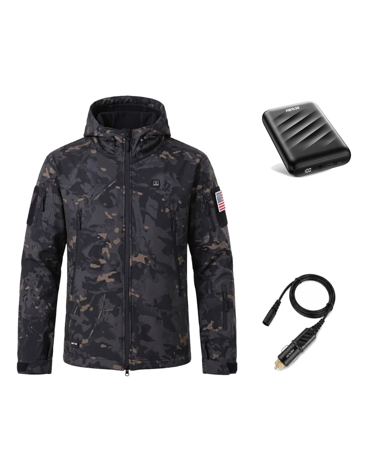 12V Hunting/Outdoor Softshell Heated Jacket & Accessory Bundle in Camo Black