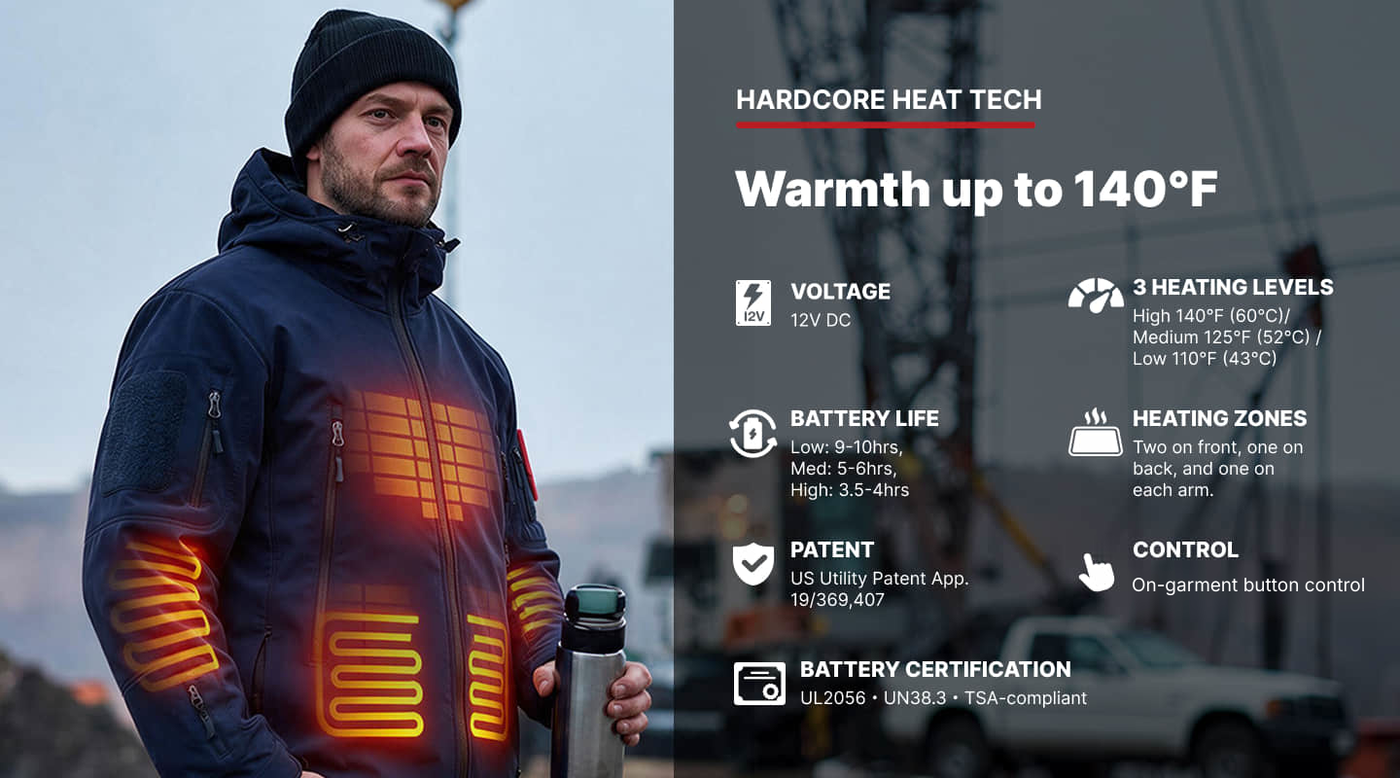 DEWBU 12V heated apparel specifications featuring up to 140°F heat, extended battery runtime, heating zones, and safety certifications