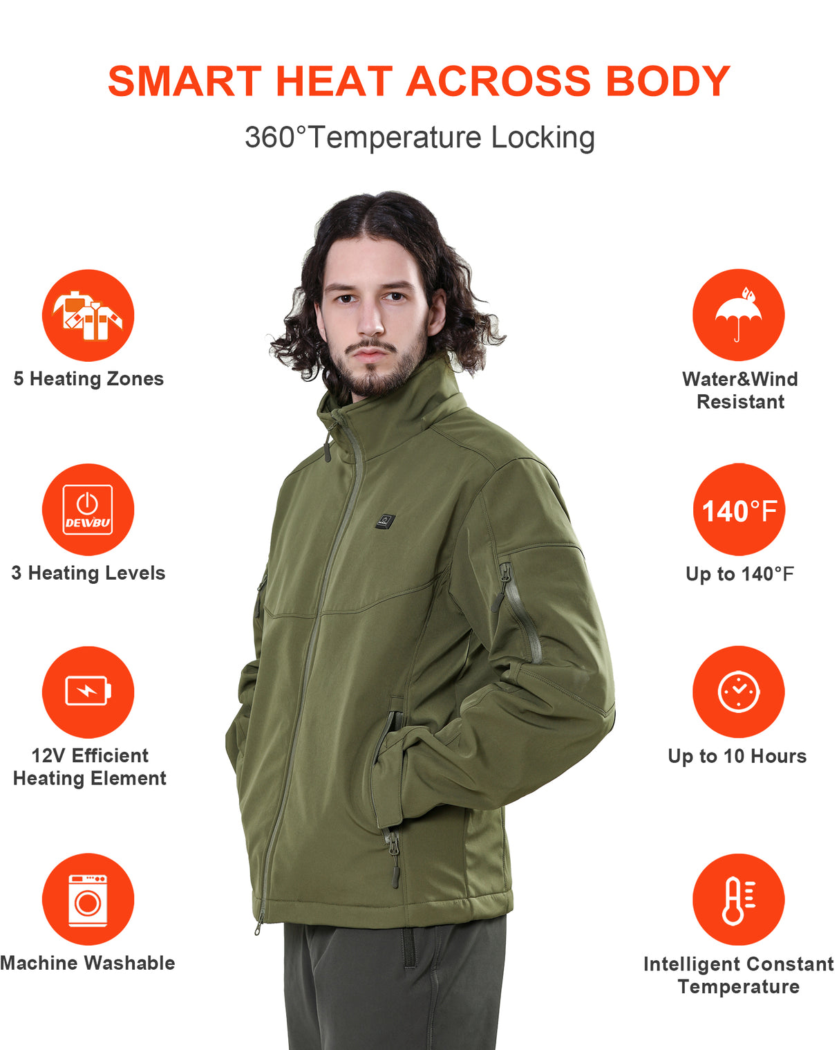 Men's Heated Jacket Detachable Hood With 12V Battery Pack - Olive Green