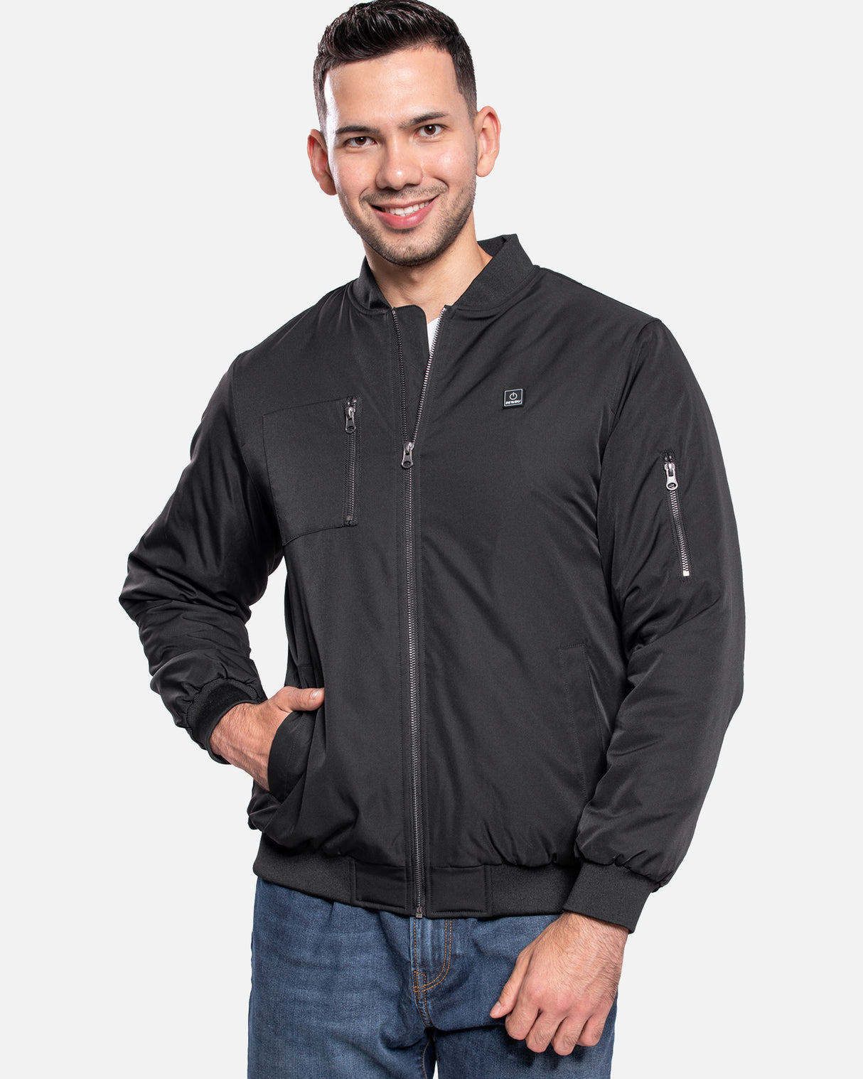 Men's Heated Bomber Padded Jacket with 12V Battery Pack -Black With Black Zipper