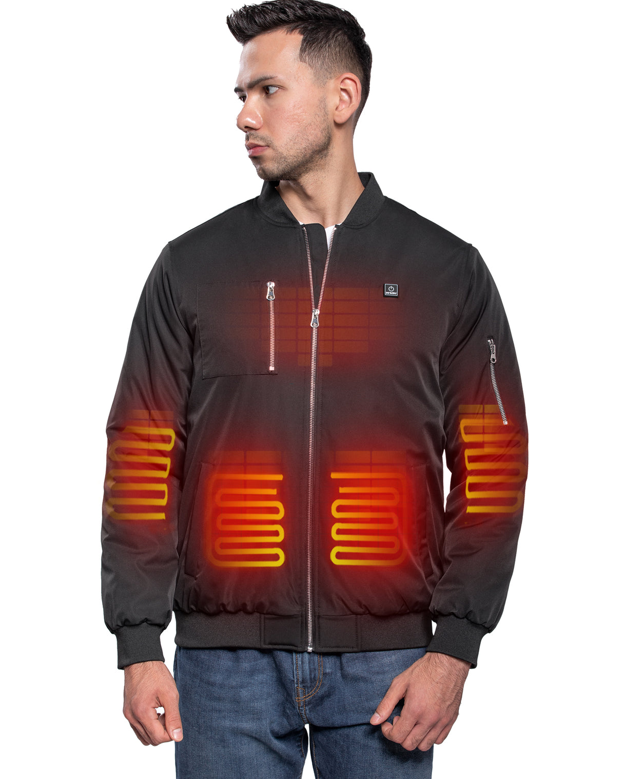 Men's Heated Bomber Padded Jacket with 12V Battery Pack -Black With Silver Zipper