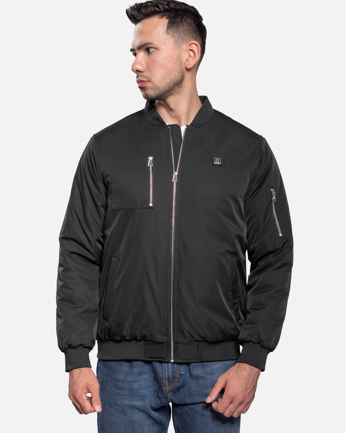 Men's Heated Bomber Padded Jacket with 12V Battery Pack -Black With Silver Zipper