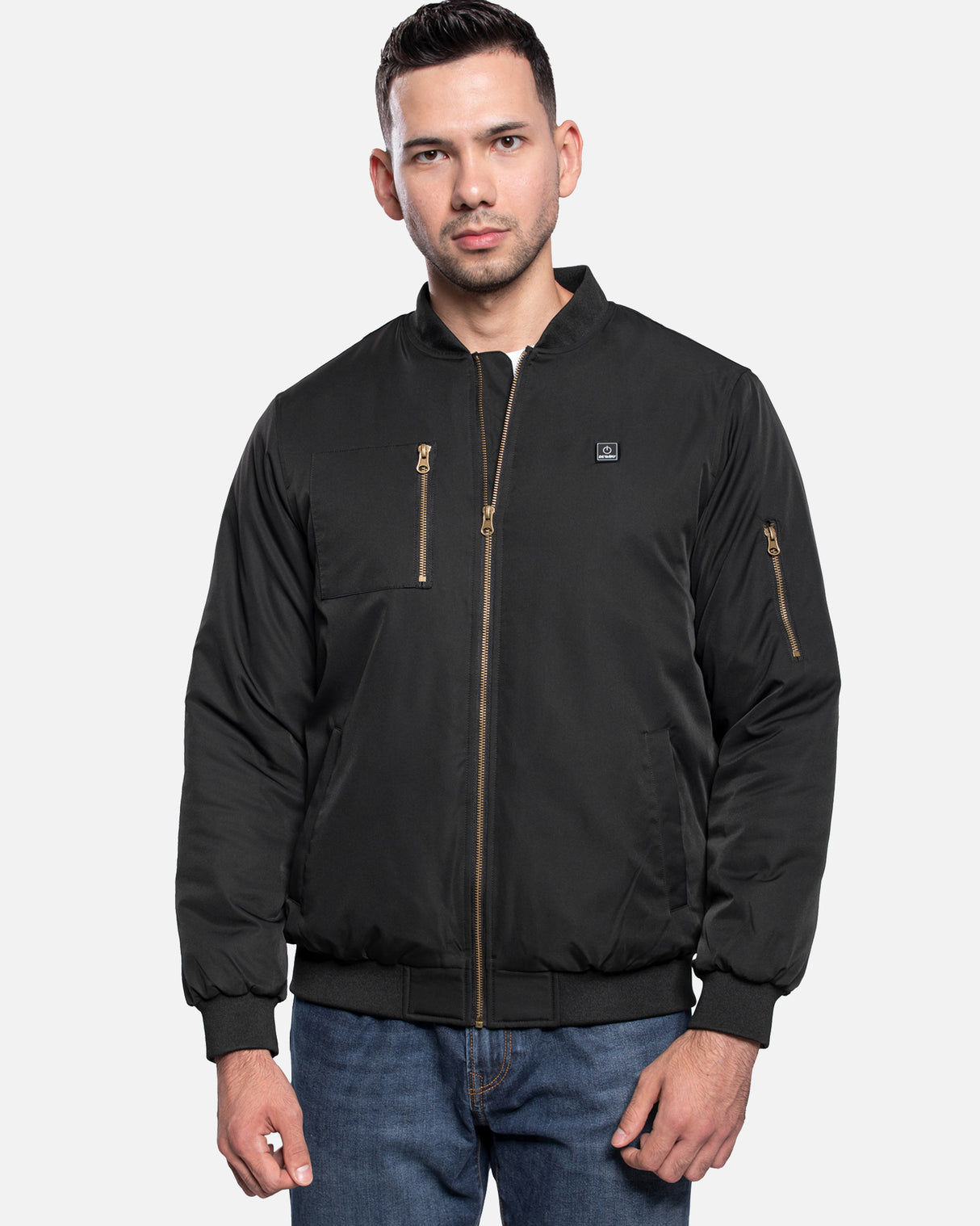 Men's Heated Bomber Padded Jacket with 12V Battery Pack -Black With Copper Zipper