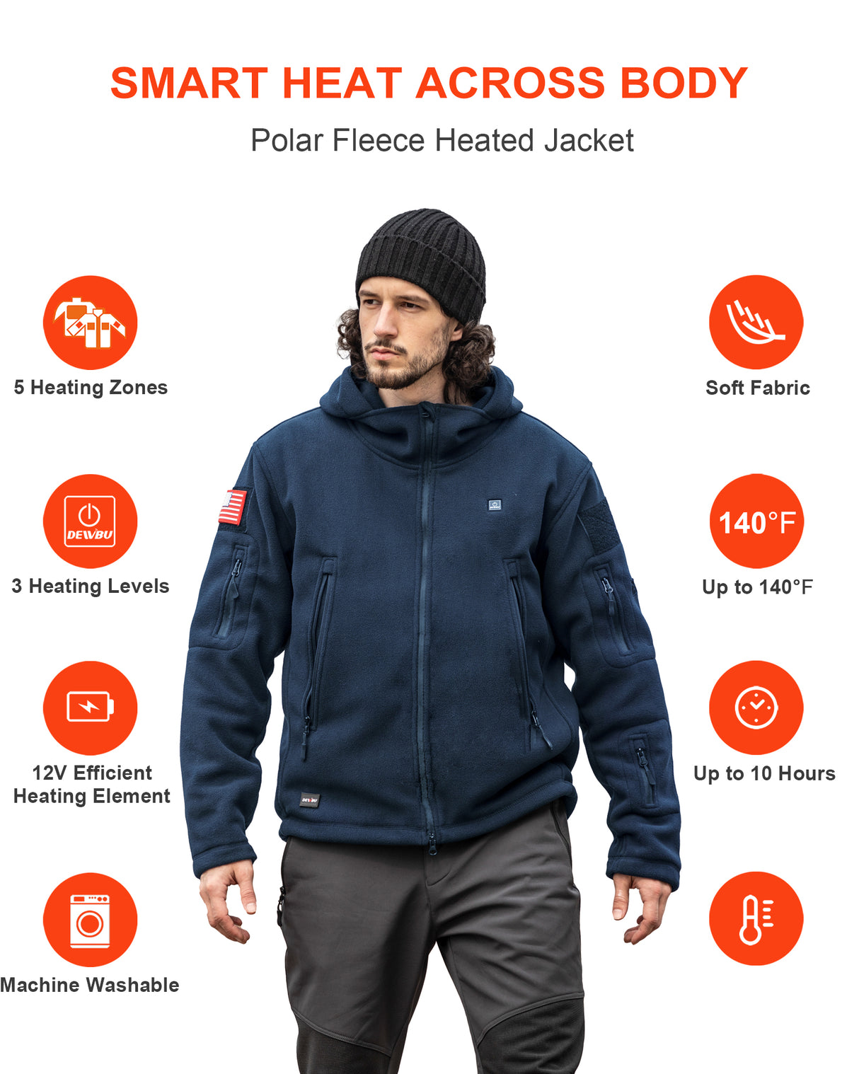 Men's Polar Fleece Heated Jacket With 12V Battery Pack - Navy Blue