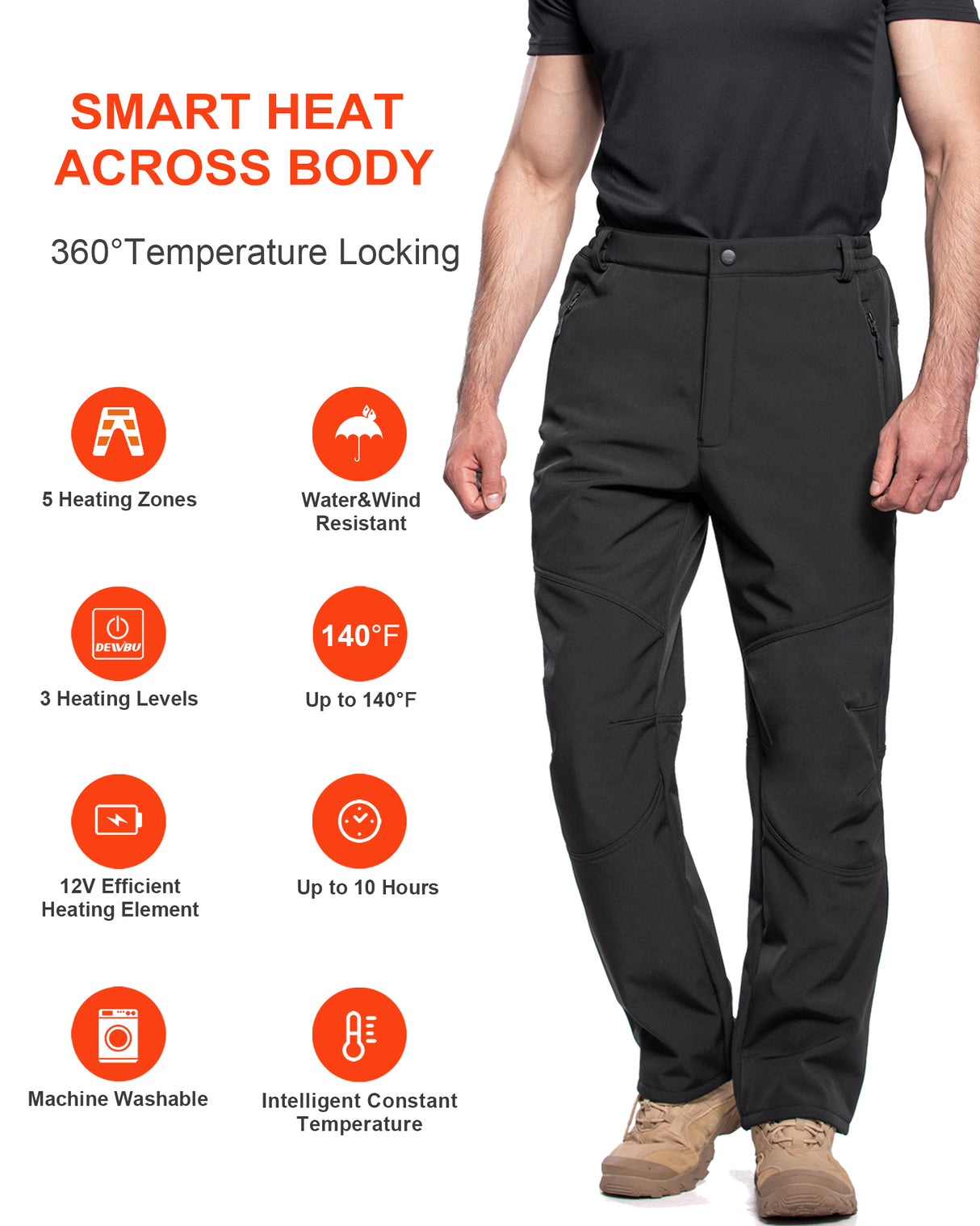Men's Soft Shell  Heated Pants with 12V Battery Pack Fleece Lined - Pure Black