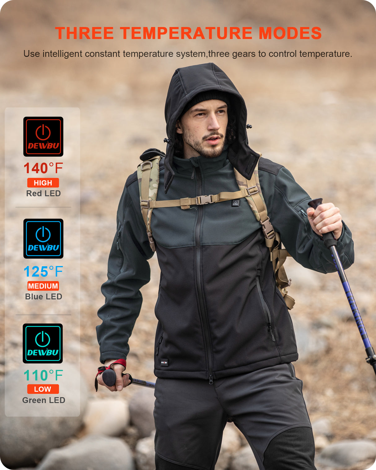 Men's Heated Jacket Detachable Hood With 12V Battery Pack - Black and Grey