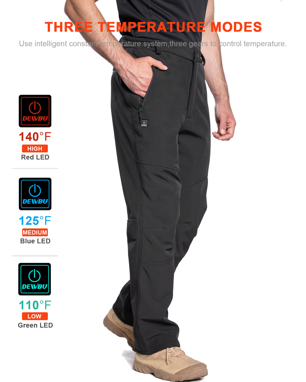 Men's Soft Shell  Heated Pants with 12V Battery Pack Fleece Lined - Pure Black