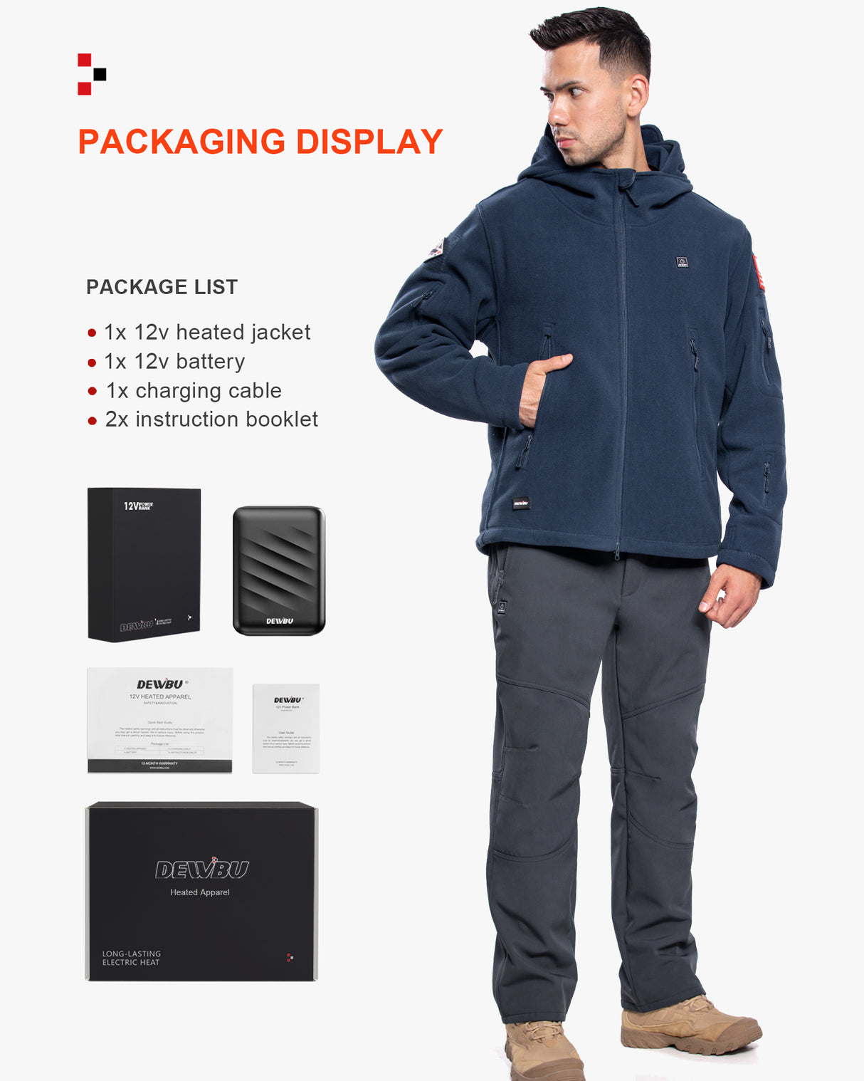 Men's Polar Fleece Heated Jacket With 12V Battery Pack - Navy Blue