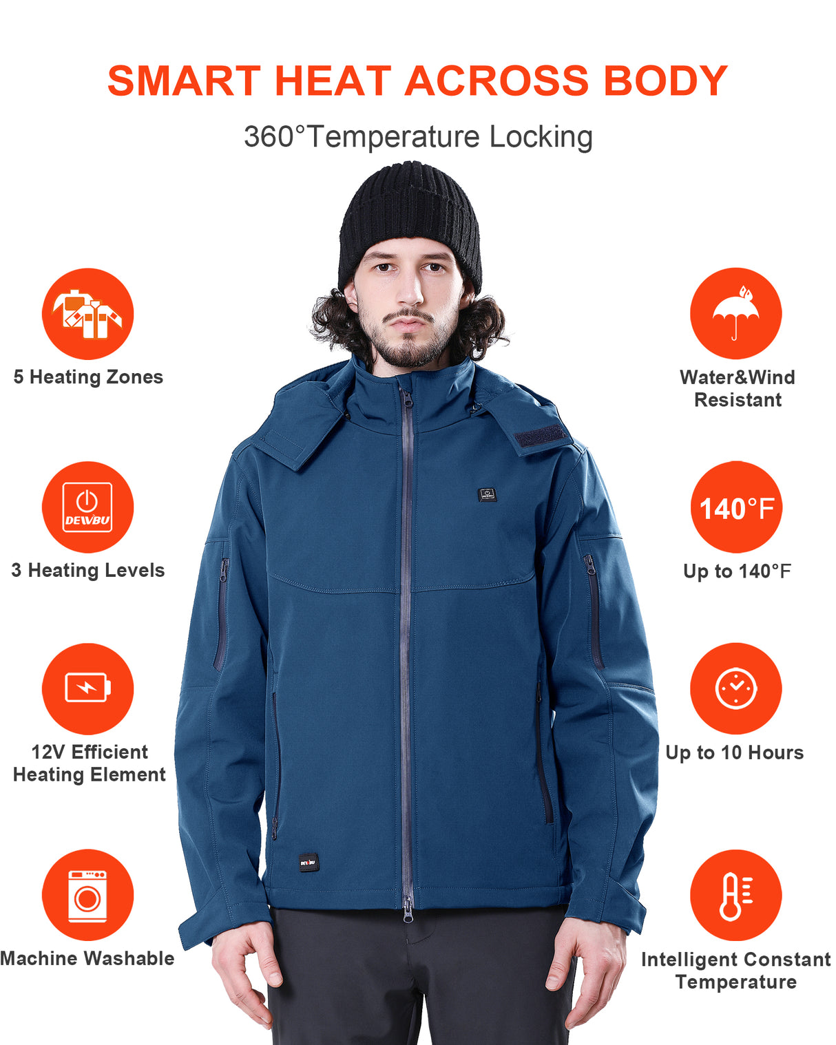 Men's Soft Shell Heated Jacket Detachable Hood With 12V Battery Pack