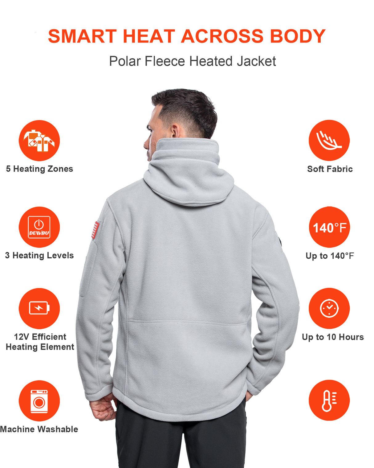 Men's Polar Fleece Heated Jacket With 12V Battery Pack - Heather Grey