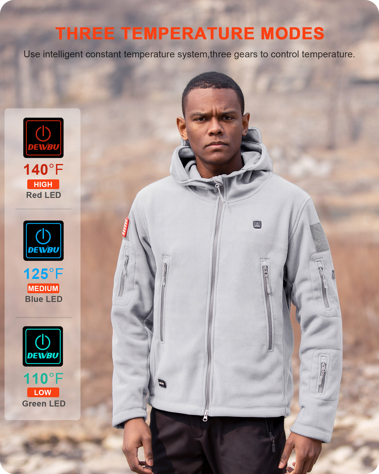 Men's Polar Fleece Heated Jacket With 12V Battery Pack - Heather Grey