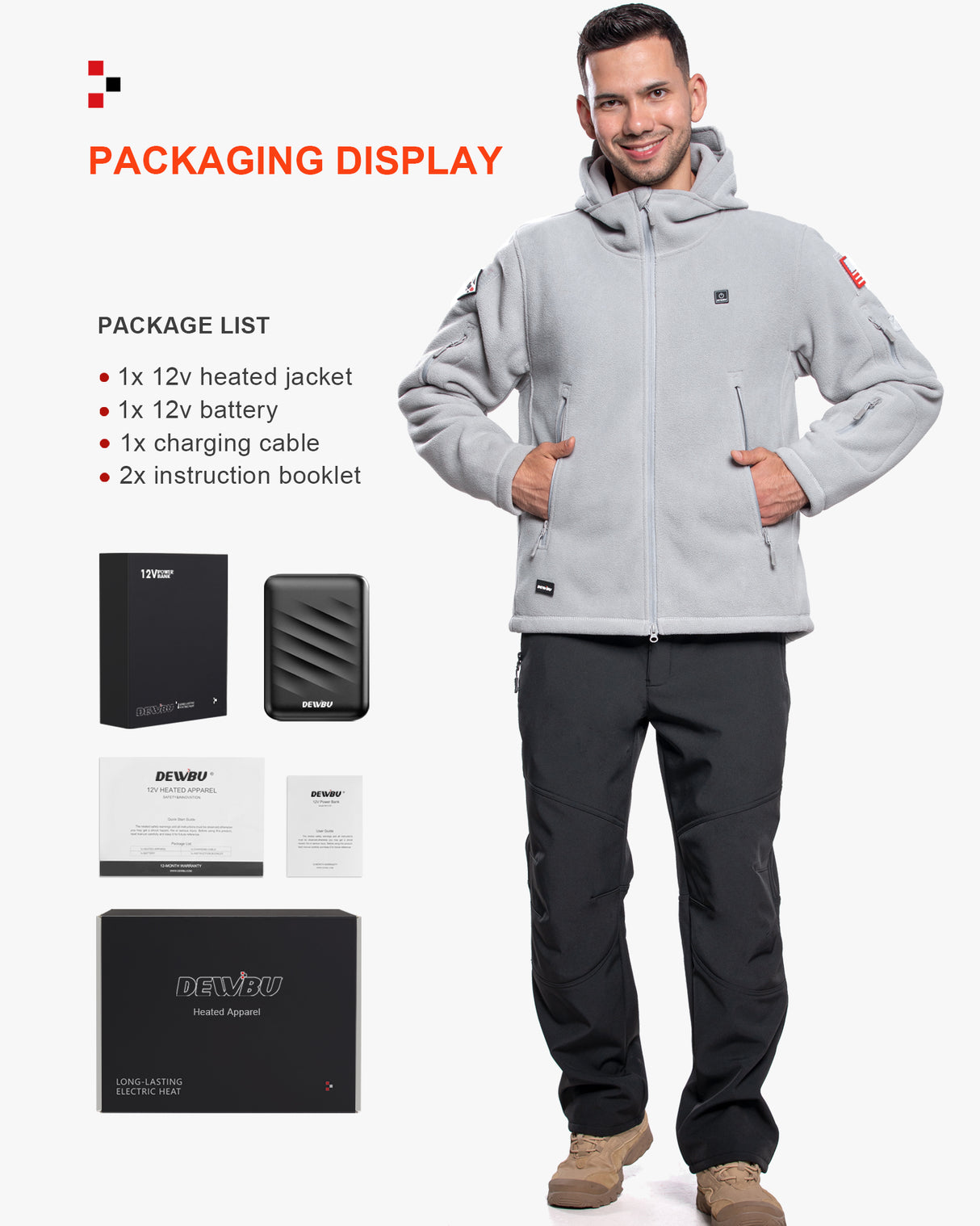 Men's Polar Fleece Heated Jacket With 12V Battery Pack - Heather Grey
