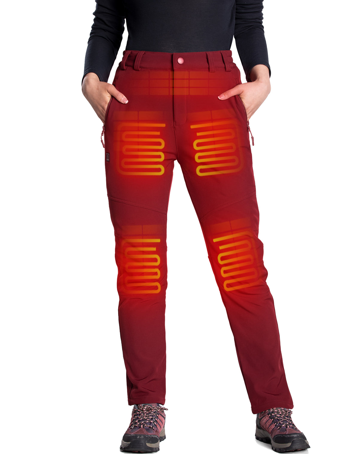 Women's Soft Shell Heated Pants with 12V Battery Pack Fleece Lined - Red