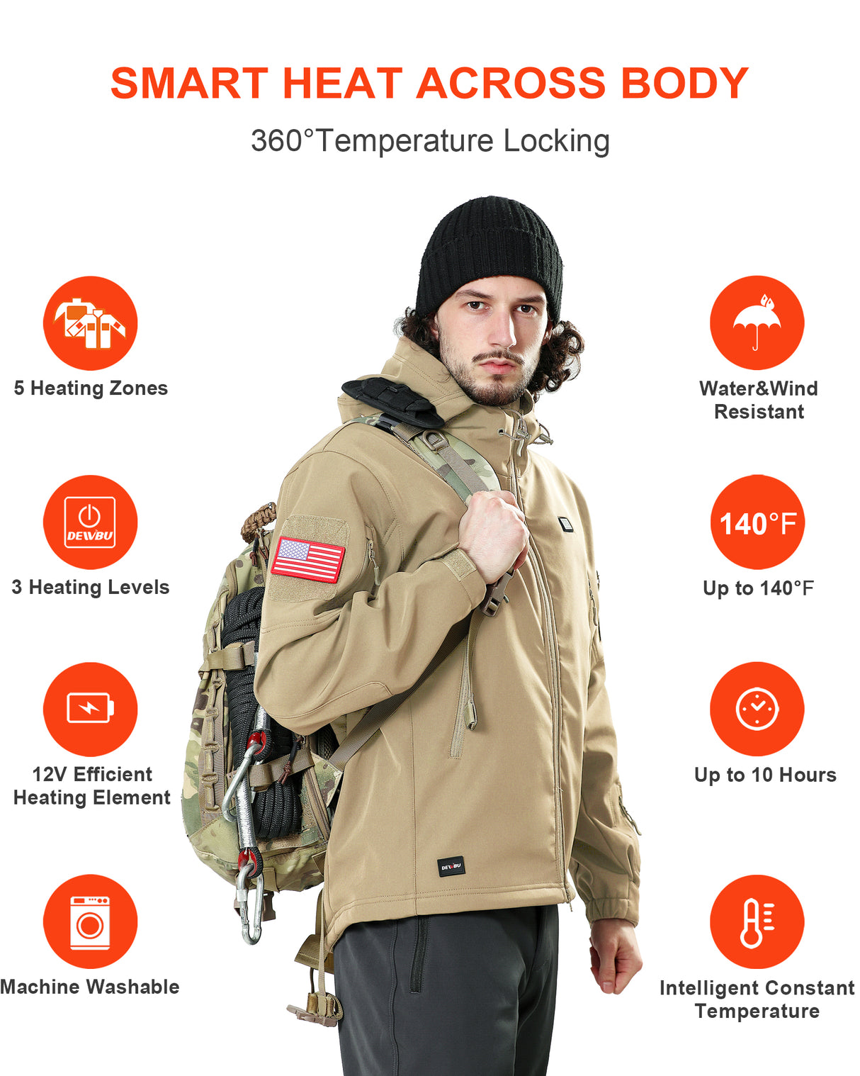 Men's Soft Shell Heated Jacket With 12V Battery Pack - Khaki