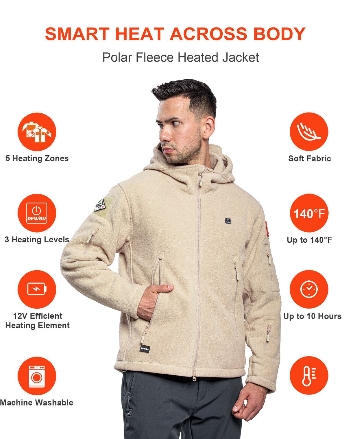 Men's Polar Fleece Heated Jacket With 12V Battery Pack - Almond