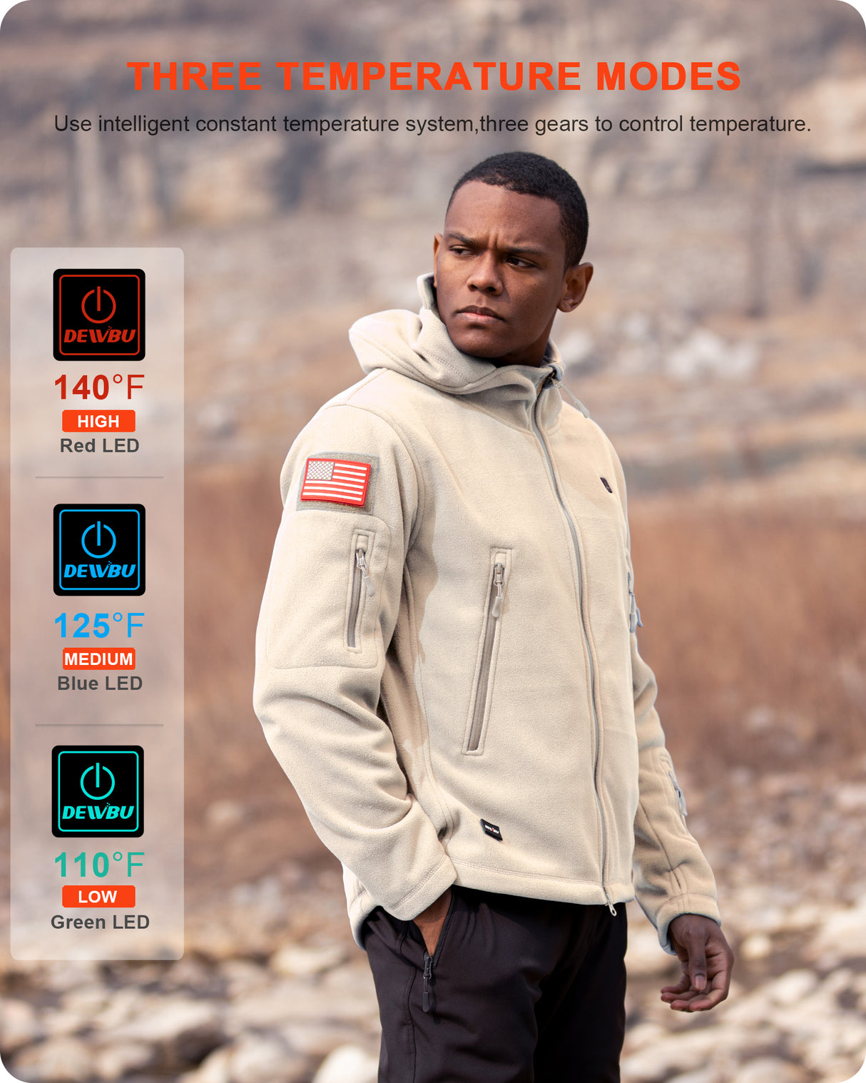 Men's Polar Fleece Heated Jacket With 12V Battery Pack - Almond