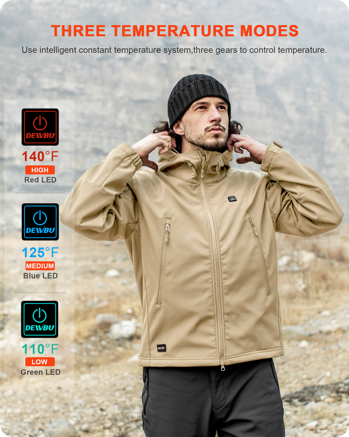 Men's Soft Shell Heated Jacket With 12V Battery Pack - Khaki