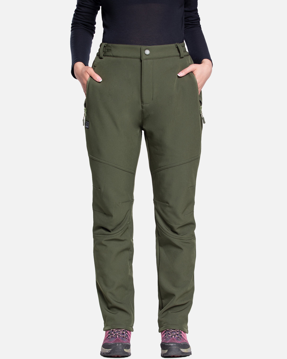 Women's Soft Shell Heated Pants with 12V Battery Pack Fleece Lined -Olive Green