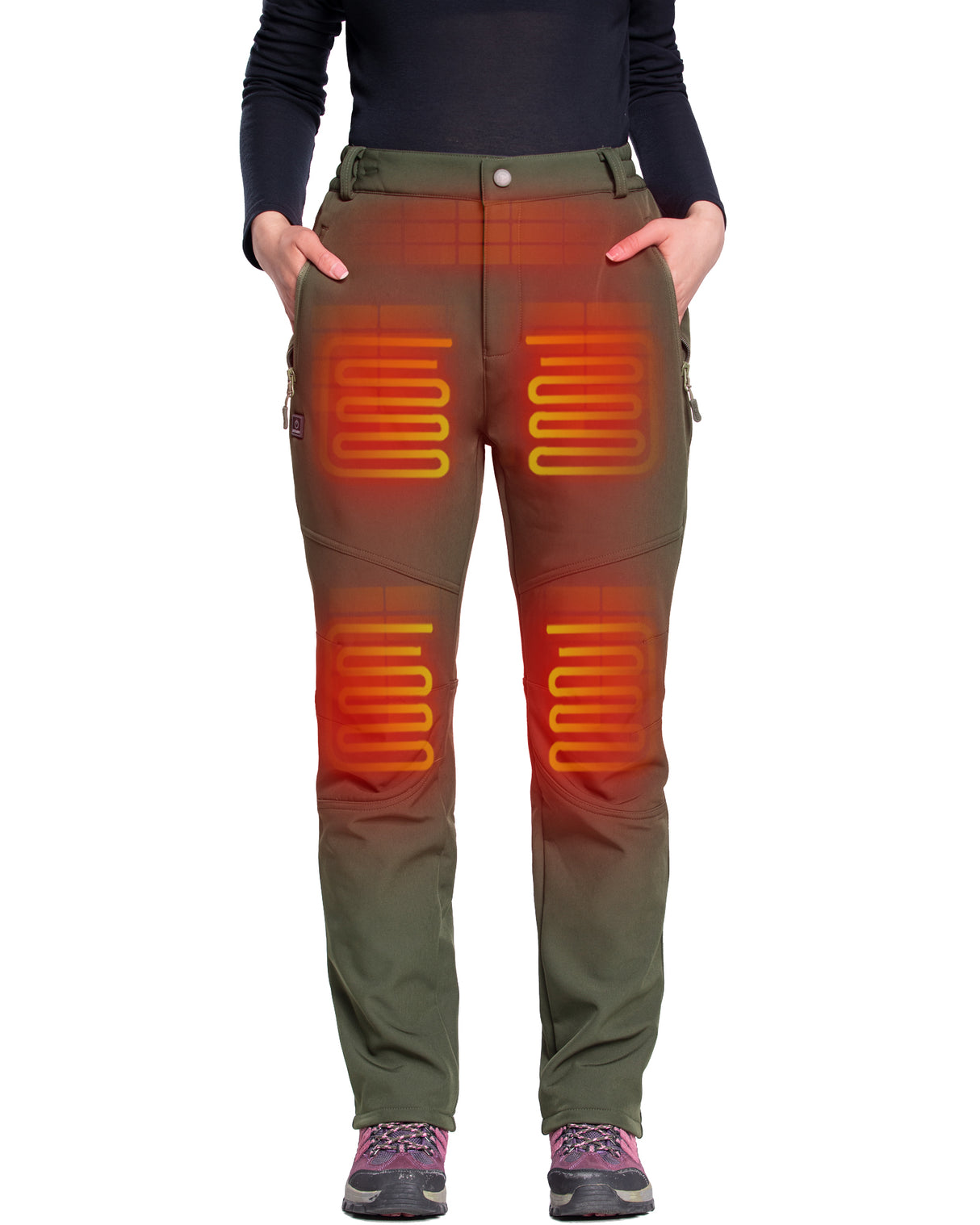 Women's Soft Shell Heated Pants with 12V Battery Pack Fleece Lined -Olive Green