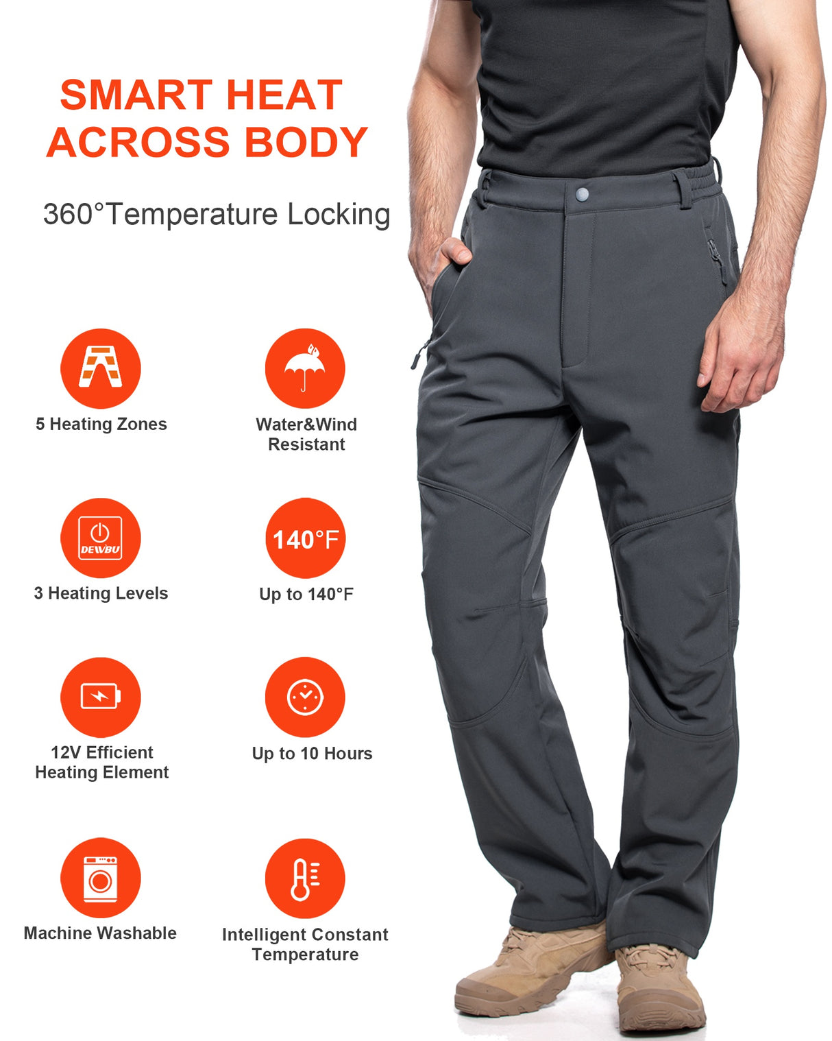 Men's Soft Shell  Heated Pants with 12V Battery Pack Fleece Lined - Pure Grey