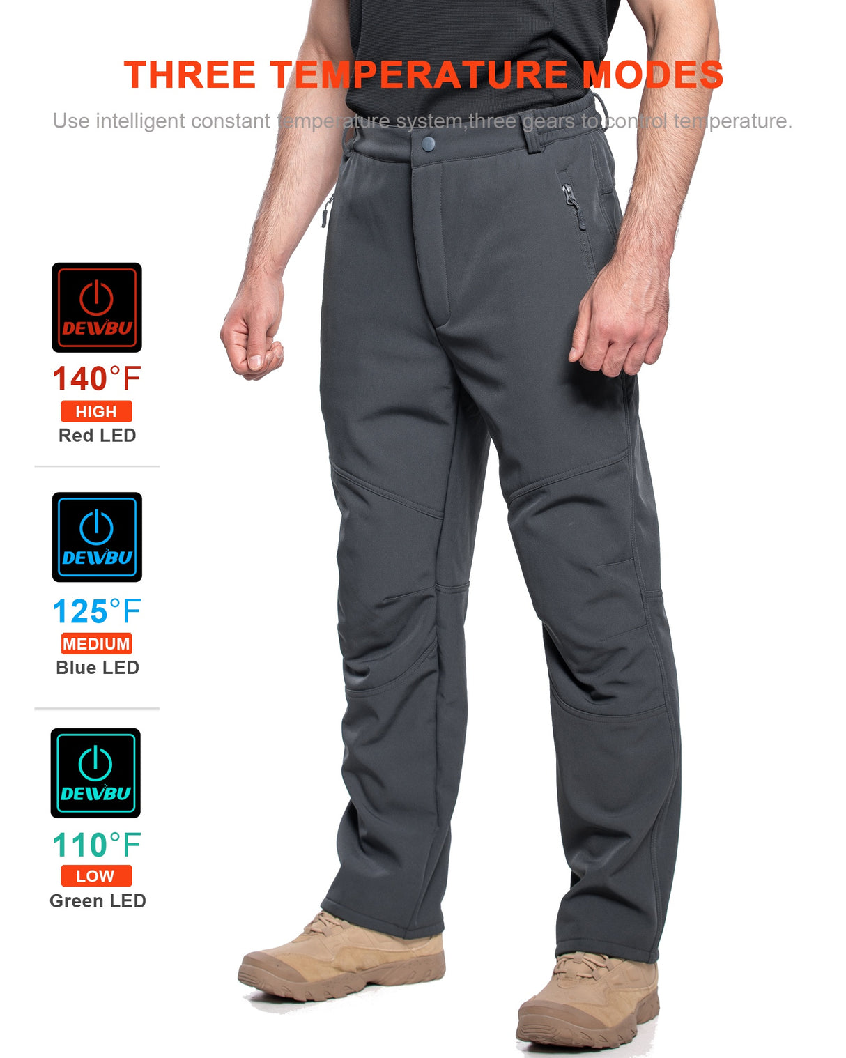 Men's Soft Shell  Heated Pants with 12V Battery Pack Fleece Lined - Pure Grey