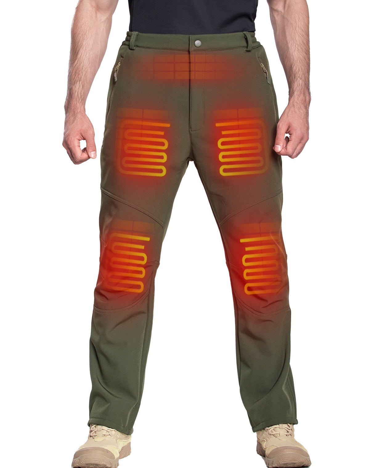 Men's Soft Shell Heated Pants with 12V Battery Pack Fleece Lined - Olive Green