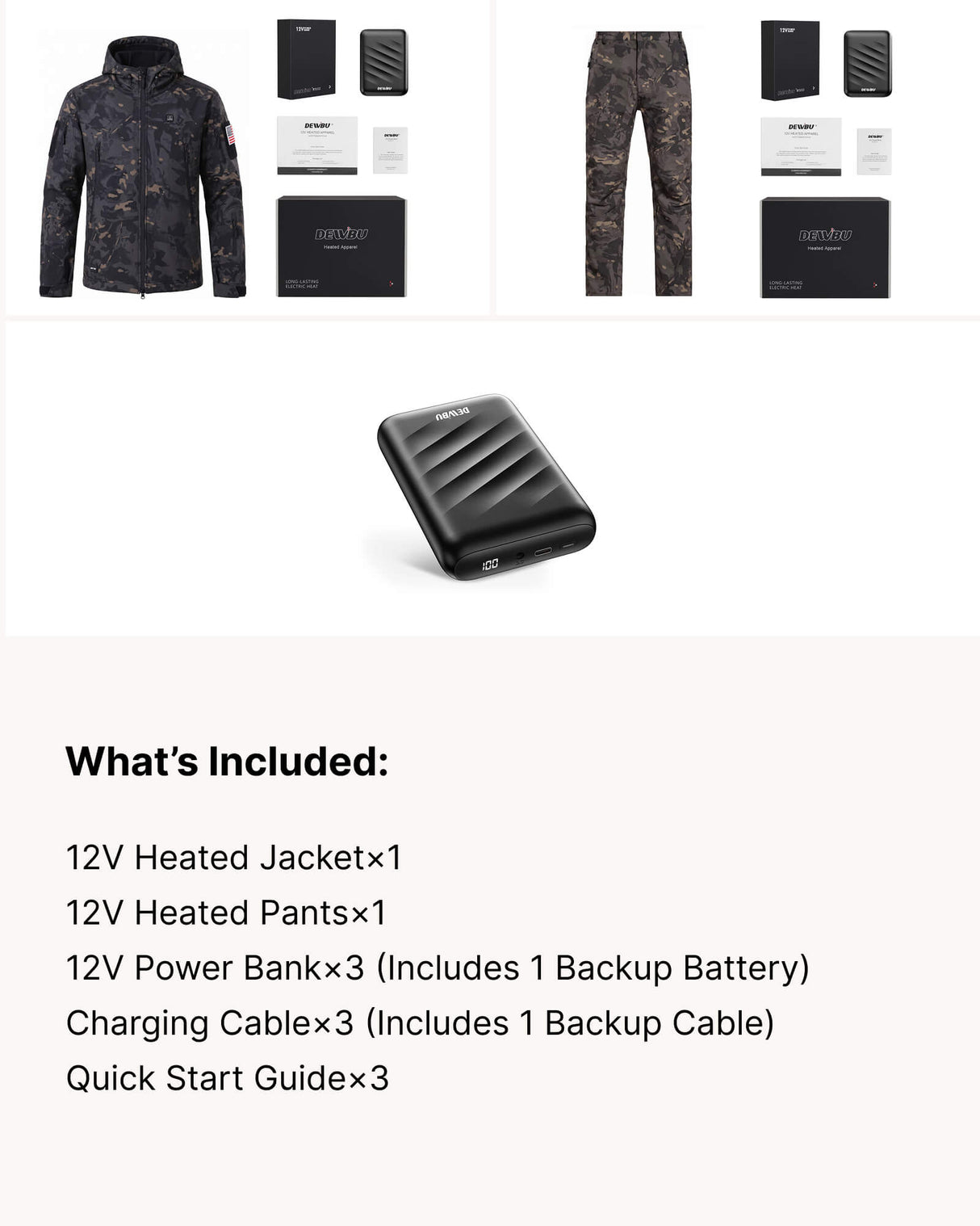 12V Hunting/Outdoor Full-Body Softshell Heated Suit & Extra Battery Bundle in Camo Black