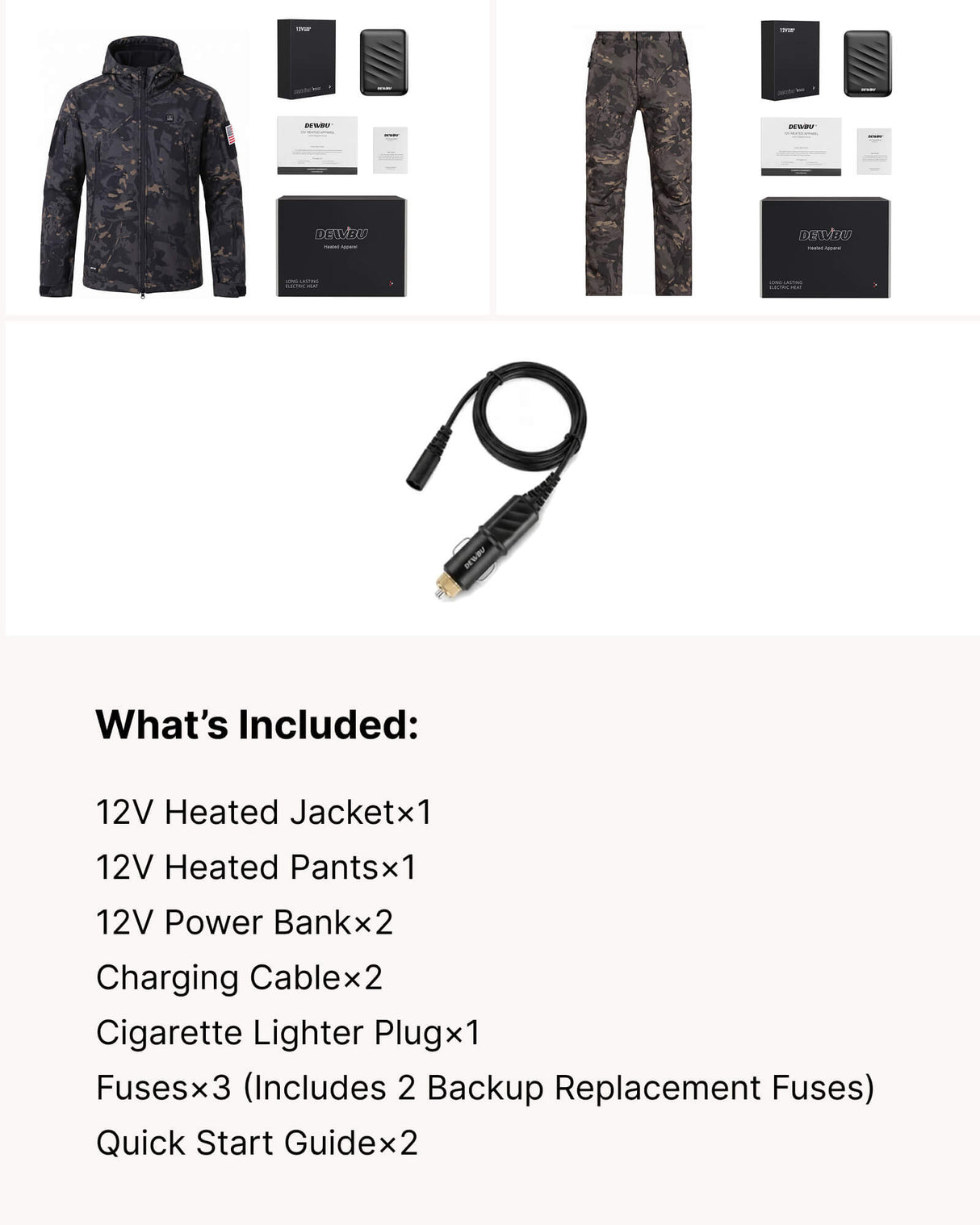 12V Hunting/Outdoor Full-Body Softshell Heated Suit & Cigarette Lighter Cable Bundle in Camo Black