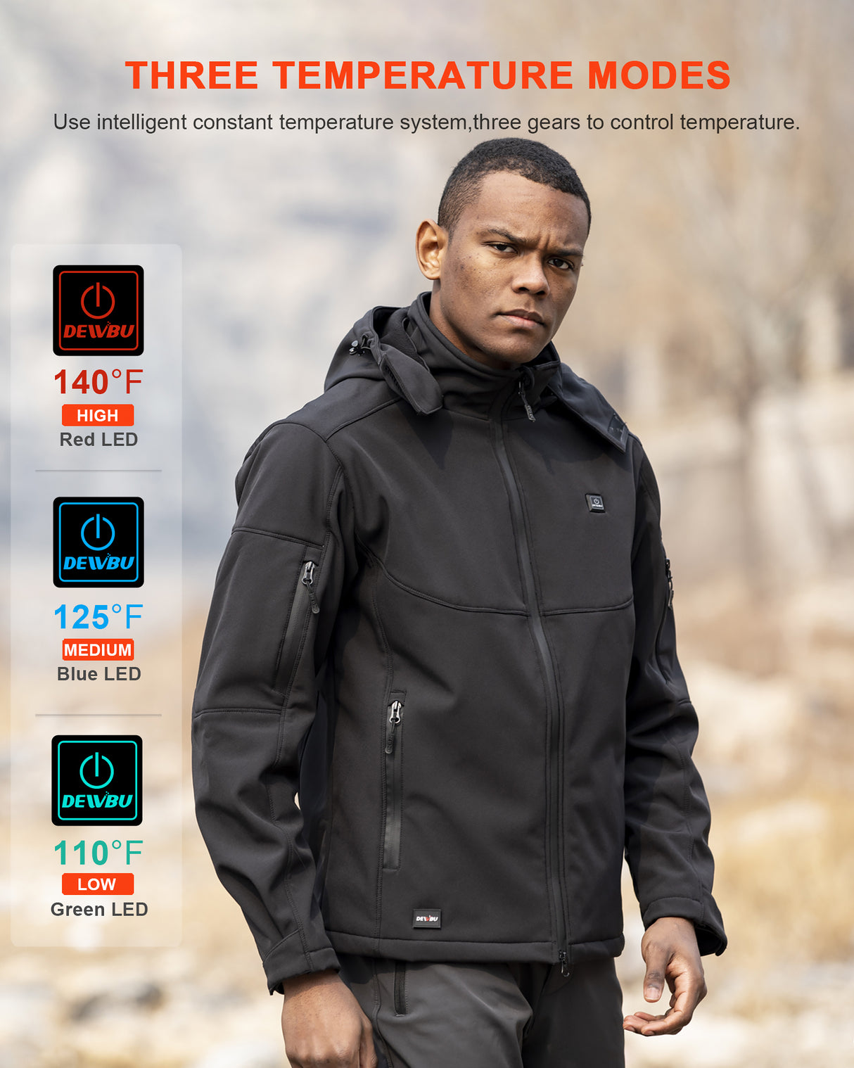 Men's Heated Jacket Detachable Hood With 12V Battery Pack - Black