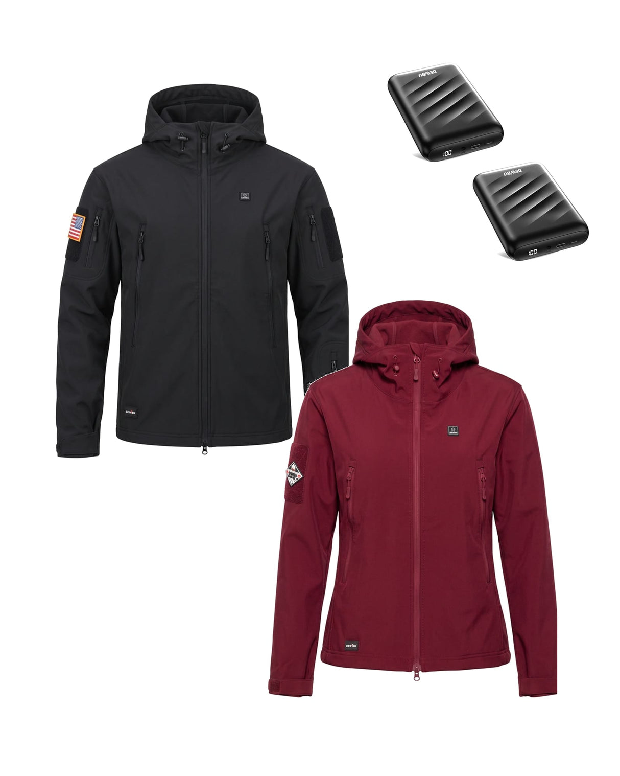 His & Her 12V Softshell Heated Jacket & Extra Battery Gift Bundle in Black & Red