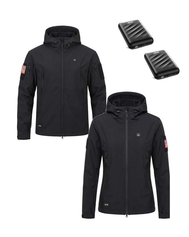His & Her 12V Softshell Heated Jacket & Extra Battery Gift Bundle in Black