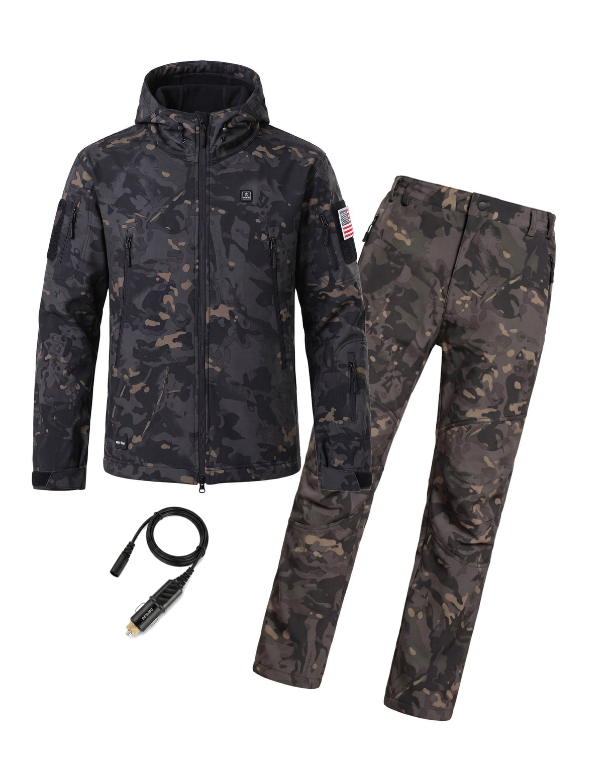 12V Hunting/Outdoor Full-Body Softshell Heated Suit  & Cigarette Lighter Cable Bundle in Camo Black