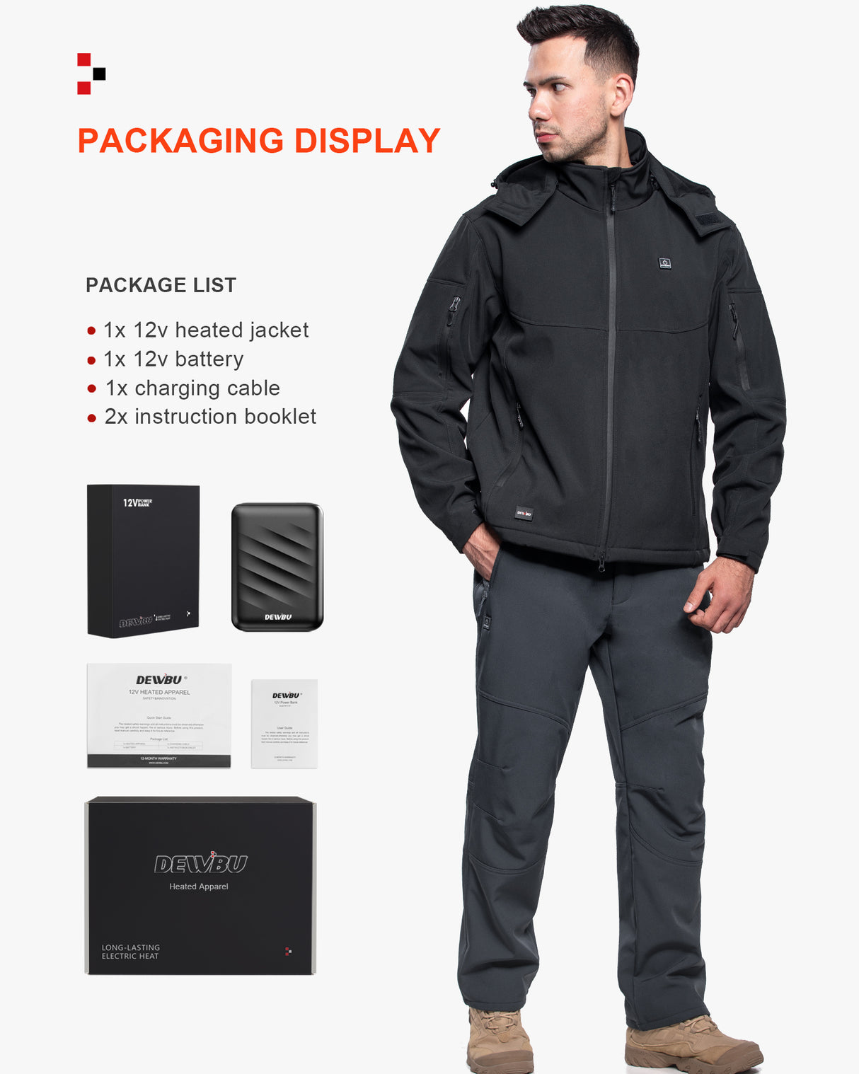 Men's Heated Jacket Detachable Hood With 12V Battery Pack - Black