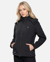 Women's Soft Shell Heated Jacket Detachable Hood With 12V Battery Pack - Black