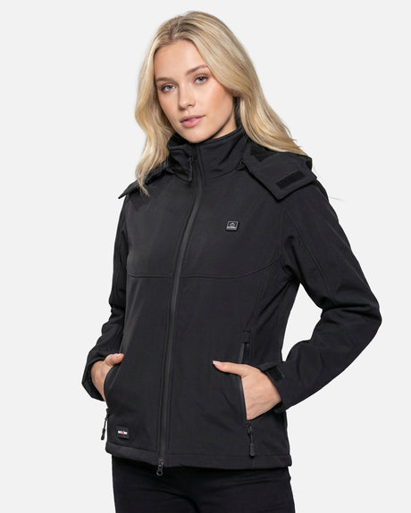 Women's Soft Shell Heated Jacket Detachable Hood With 12V Battery Pack - Black
