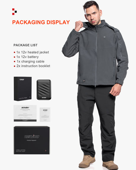 Men's Soft Shell Heated Jacket Detachable Hood With 12V Battery Pack