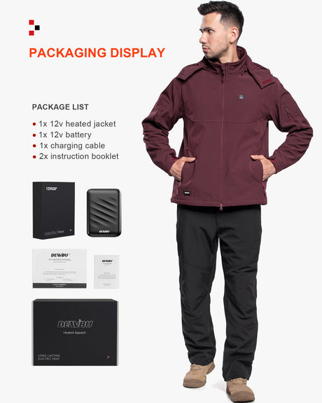 Men's Soft Shell Heated Jacket Detachable Hood With 12V Battery Pack