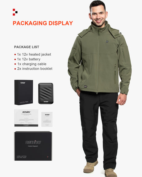 Men's Soft Shell Heated Jacket Detachable Hood With 12V Battery Pack