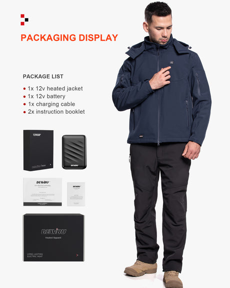 Men's Soft Shell Heated Jacket Detachable Hood With 12V Battery Pack