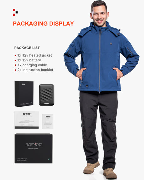 Men's Soft Shell Heated Jacket Detachable Hood With 12V Battery Pack