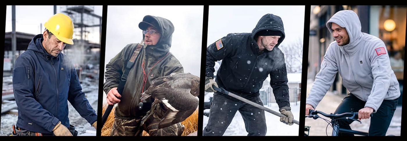 People wearing DEWBU 12V heated apparel for outdoor work, hunting, sports, and everyday activities in cold weather