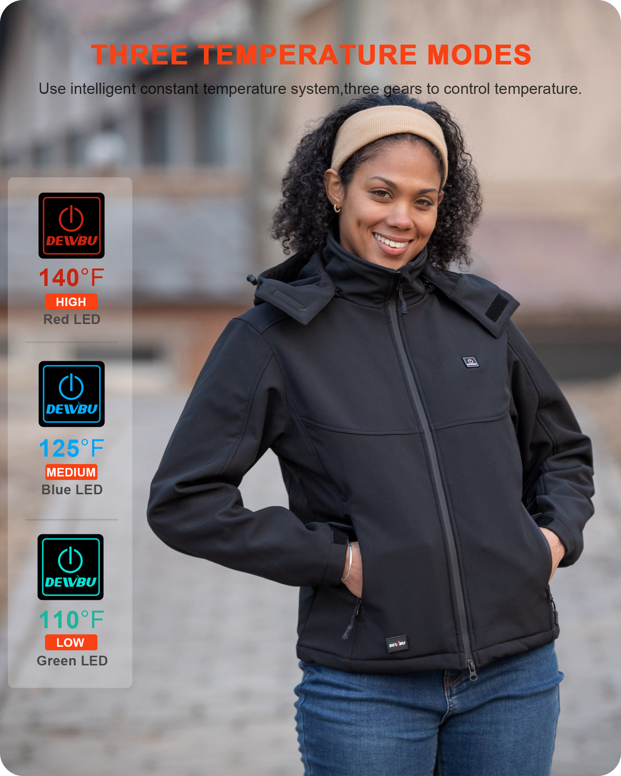 Women's Heated Jacket Detachable Hood With 12V Battery Pack - Black