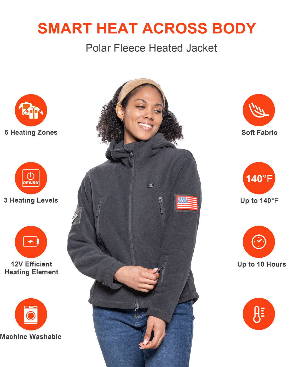 DEWBU® Women's Polar Fleece Heated Jacket With 12V Battery Pack Grey