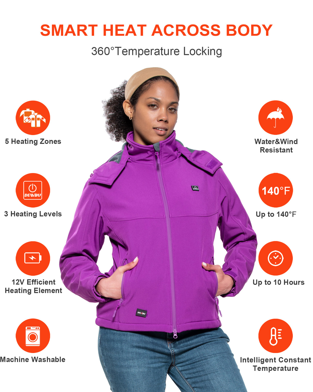 Women's Soft Shell Heated Jacket Detachable Hood With 12V Battery Pack