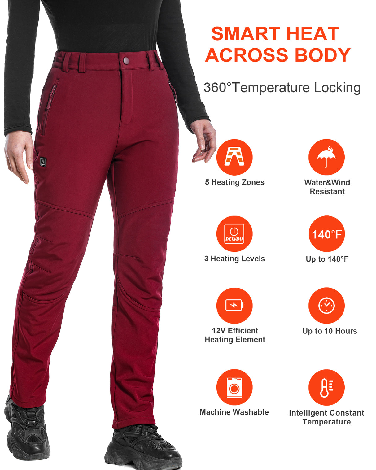 Women's Soft Shell  Heated Pants with 12V Battery Pack Fleece Lined - Red