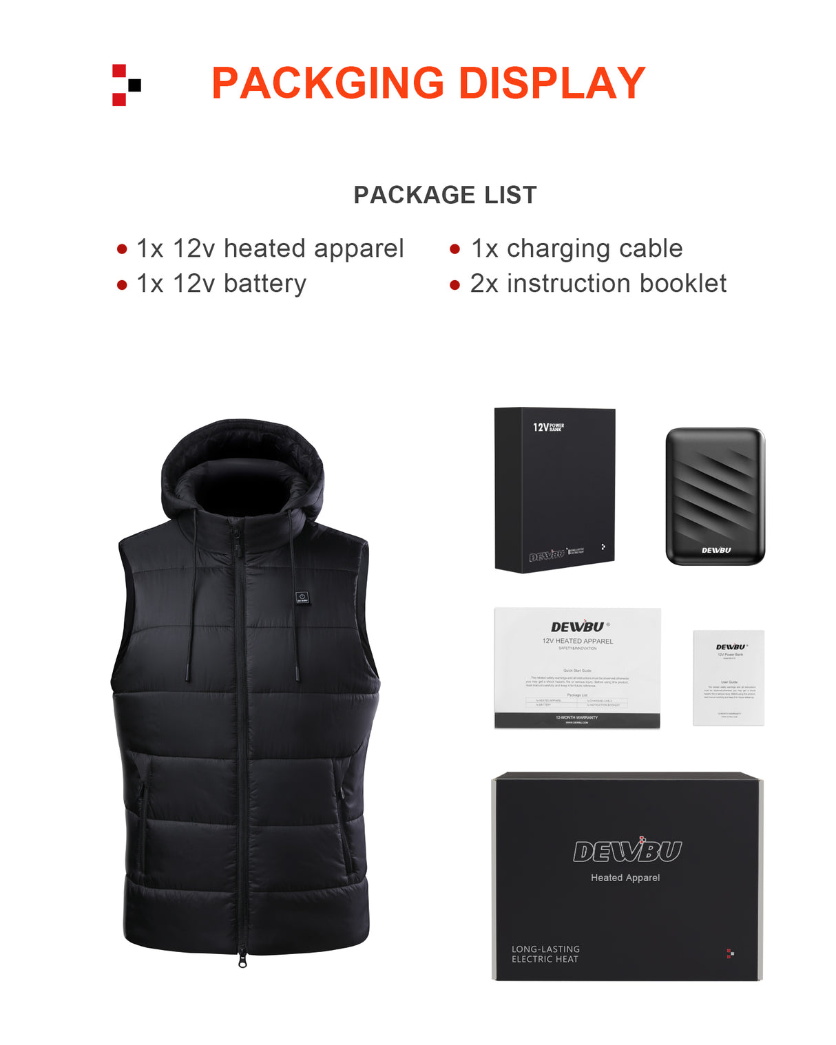 Men's Heated Vest Detachable Hood With 12V Battery Pack - Black