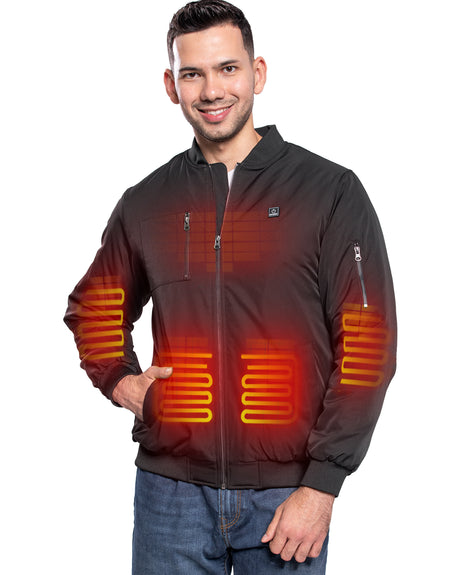 Men's Heated Bomber Padded Jacket with 12V Battery Pack -Black With Black Zipper