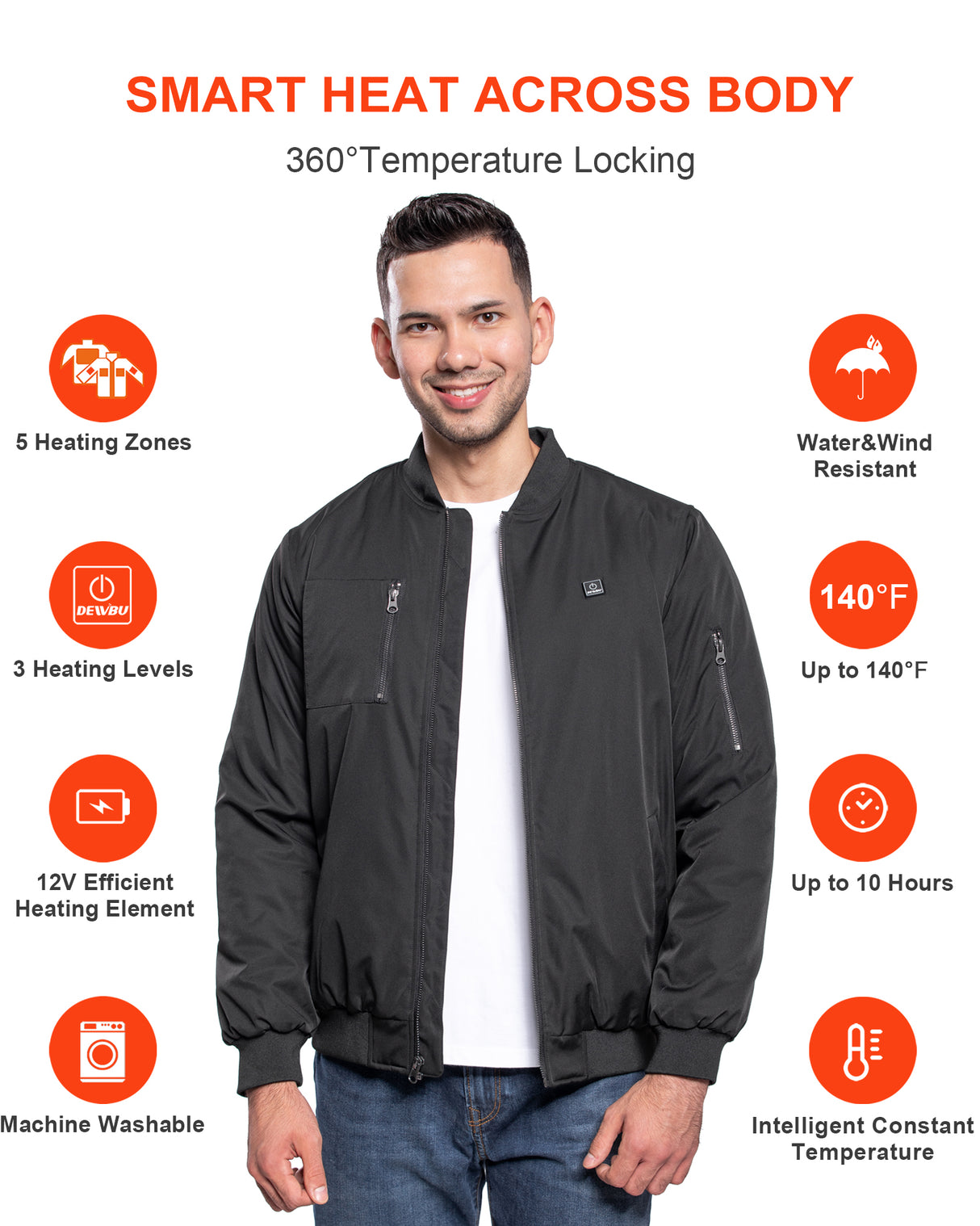 Men's Heated Bomber Padded Jacket with 12V Battery Pack -Black With Black Zipper