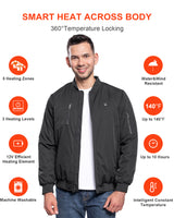 Men's Heated Bomber Padded Jacket with 12V Battery Pack -Black With Black Zipper