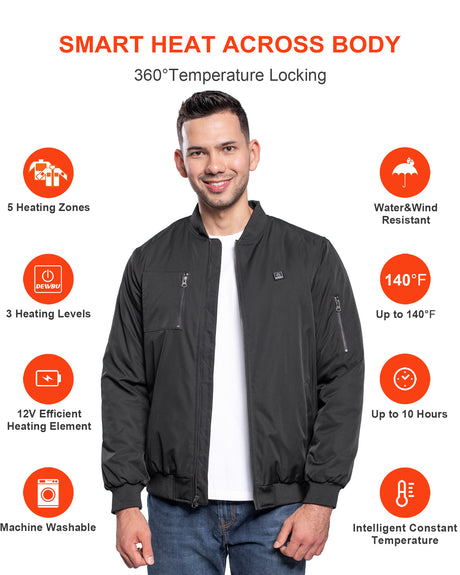 Men's Heated Bomber Padded Jacket with 12V Battery Pack